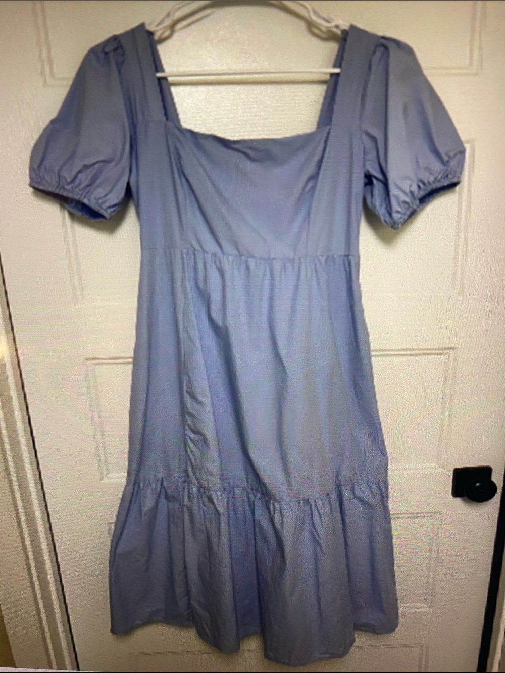 Astr The Label Poplin Puff Sleeve Tiered Midi Dress In Blue Medium